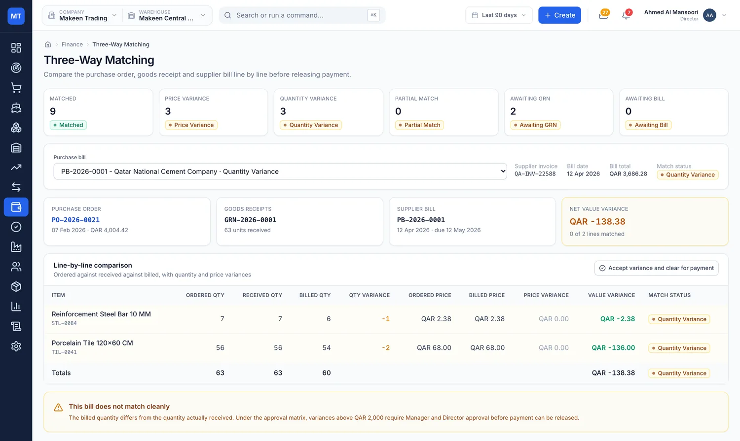 Three-way matching screen comparing ordered, received and billed quantities before payment