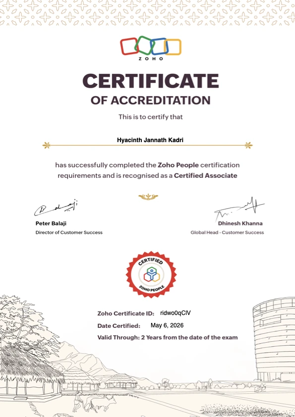 Zoho People Certified Associate certificate awarded to Hyacinth Kadri