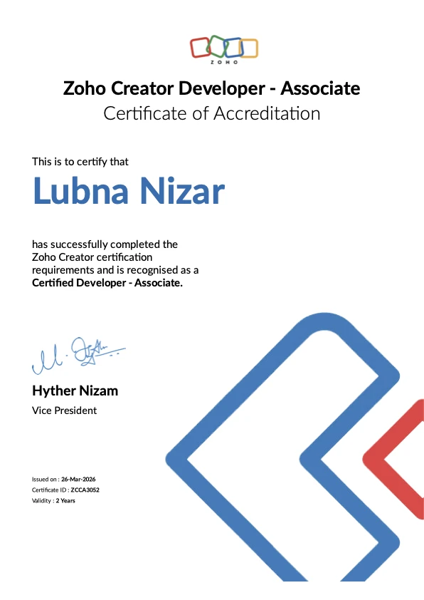 Zoho Creator Certified Developer, Associate certificate awarded to Lubna Nizar